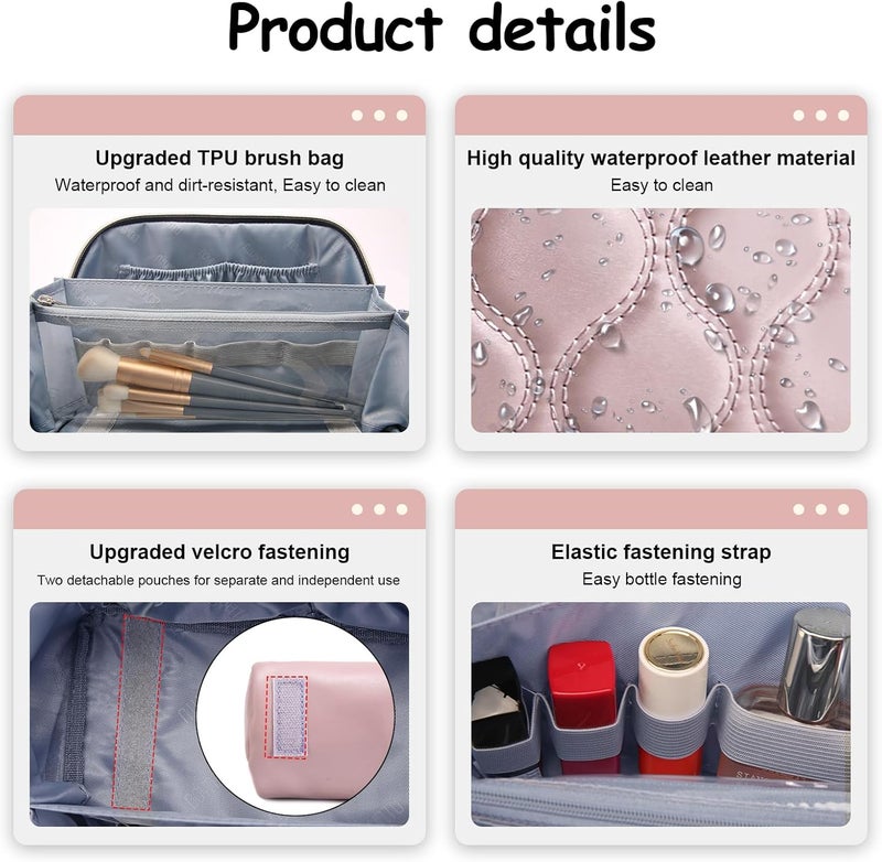 BOYATU Travel Makeup Bags for Women Cosmetic Bag: Puffy Make up Bags Set of 3 - Vegan Leather Makeup Organizer - Waterproof Large Toiletry Bag with Compartments - Travel Essentials (H-3-Pink) - Image 4